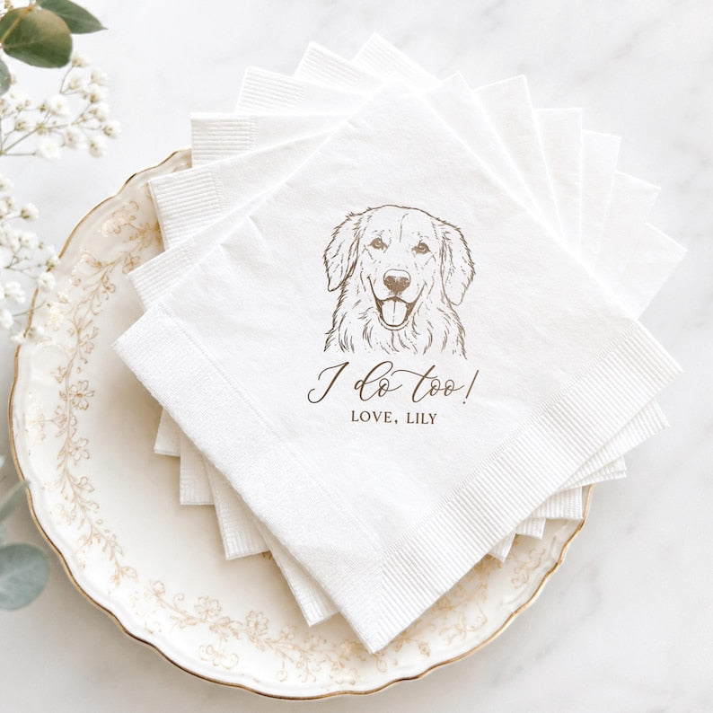 Pet Wedding Napkins with Dog Breed Design, Personalized Foil Cocktail Party Napkins for Weddings