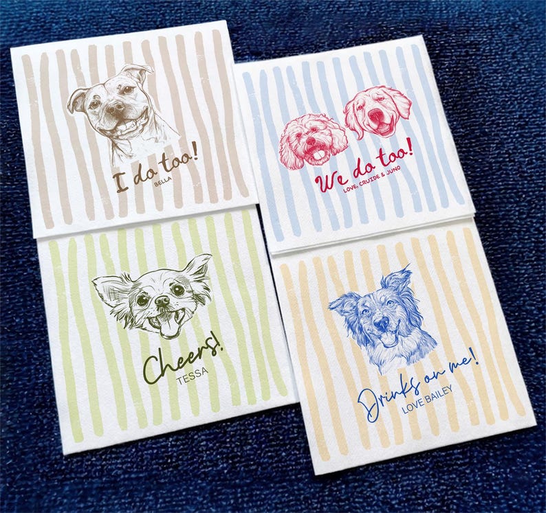Custom Pet Napkins For Wedding, Personalized Dog And Cat Portrait From Photo, Dog Cocktail Engagement Serviettes