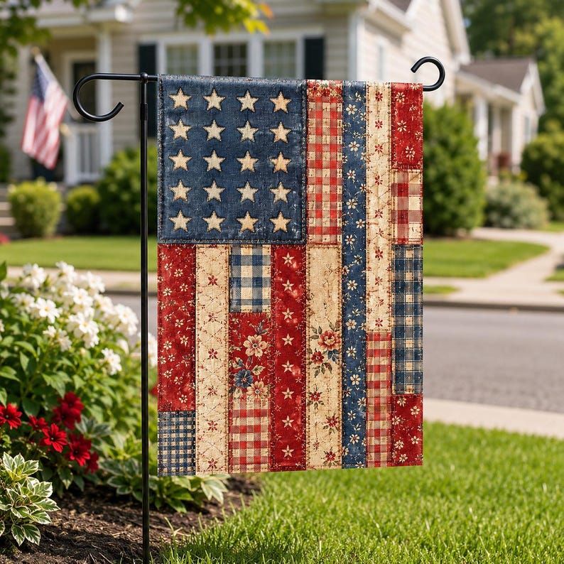 Faux Patchwork American Garden Flag, Vintage Quilt Style Patriotic Yard Decor