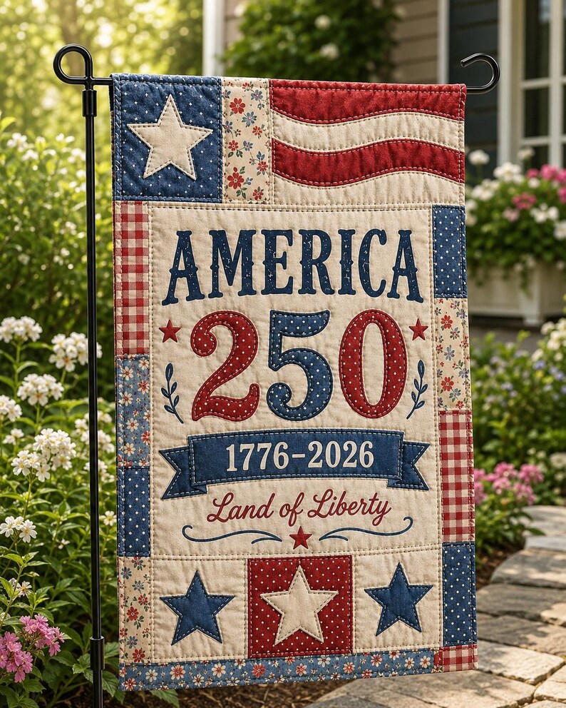 Faux Patchwork 250th Anniversary 4th of July Decor, USA 250 Years Garden Flag