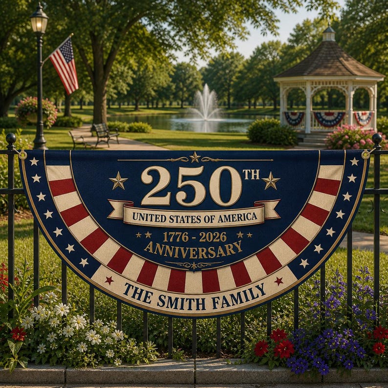 Personalized 250th Anniversary Bunting Flag, Custom Family Name Patriotic Banner 1776-2026