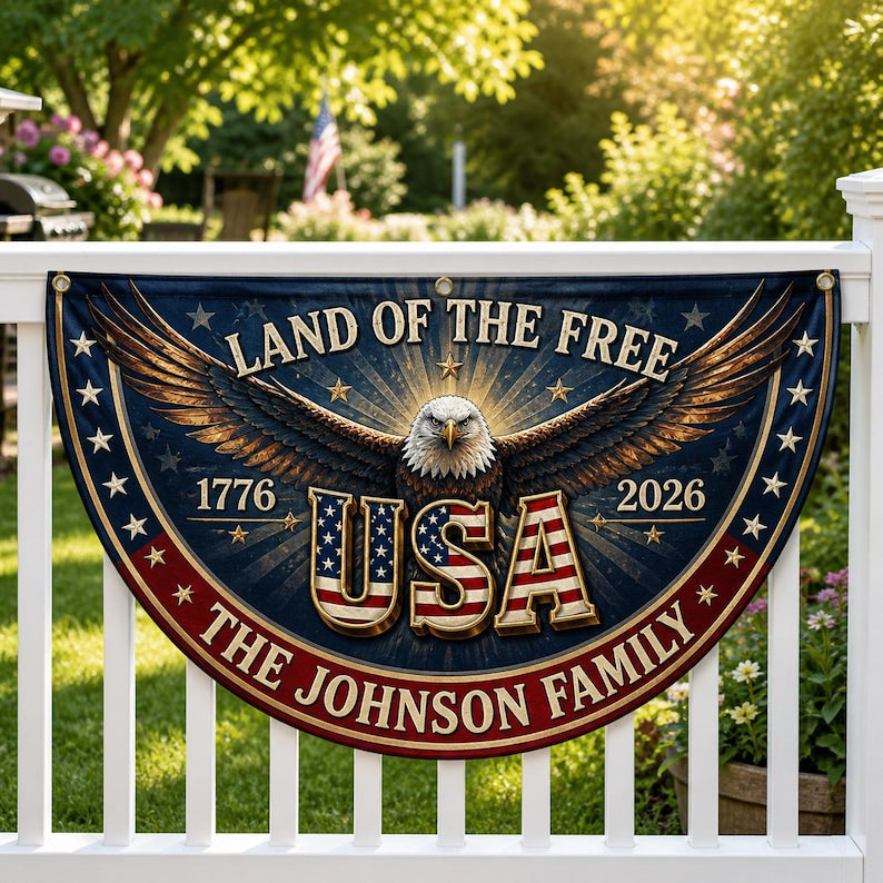 Personalized Family Name USA 250th Anniversary Bunting Flag, Patriotic Eagle 1776-2026