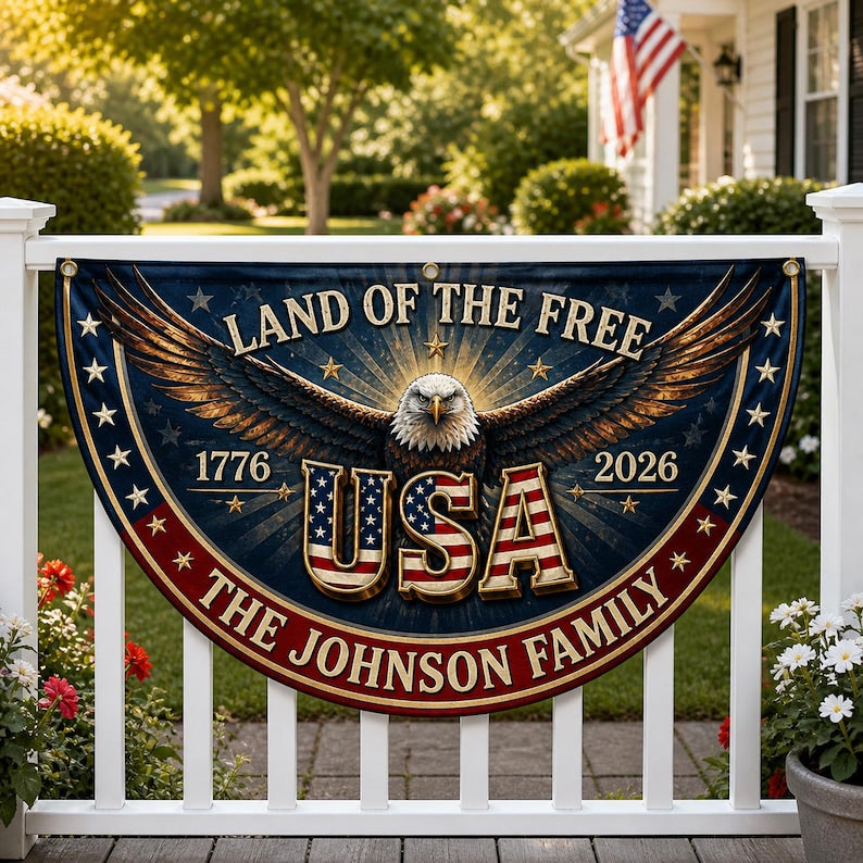 Personalized Family Name USA 250th Anniversary Bunting Flag, Patriotic Eagle 1776-2026