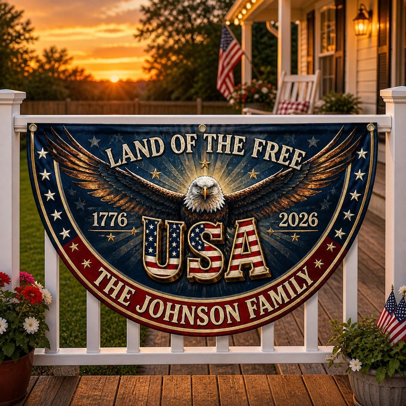 Personalized Family Name USA 250th Anniversary Bunting Flag, Patriotic Eagle 1776-2026