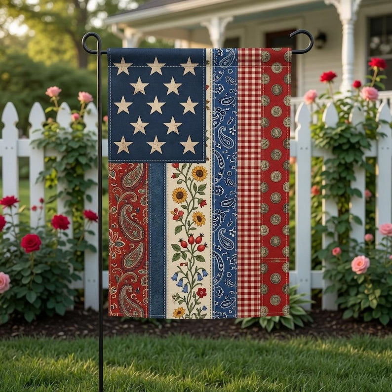 Patriotic Faux Patchwork Garden Flag, Vintage Fourth of July Americana Flag