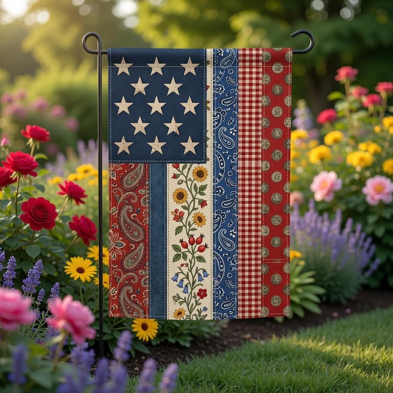 Patriotic Faux Patchwork Garden Flag, Vintage Fourth of July Americana Flag