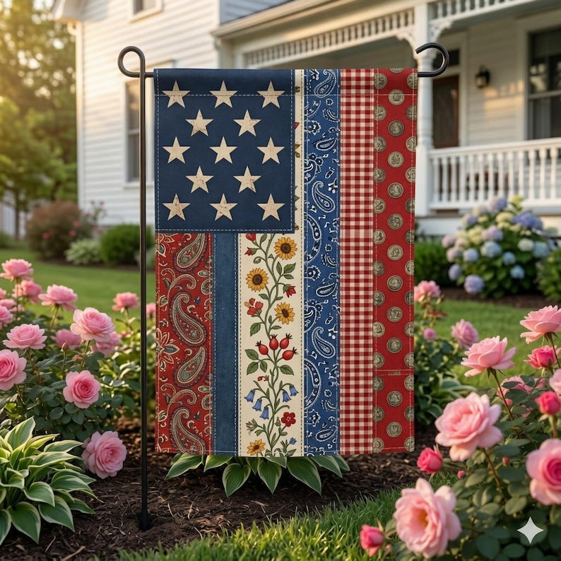 Patriotic Faux Patchwork Garden Flag, Vintage Fourth of July Americana Flag