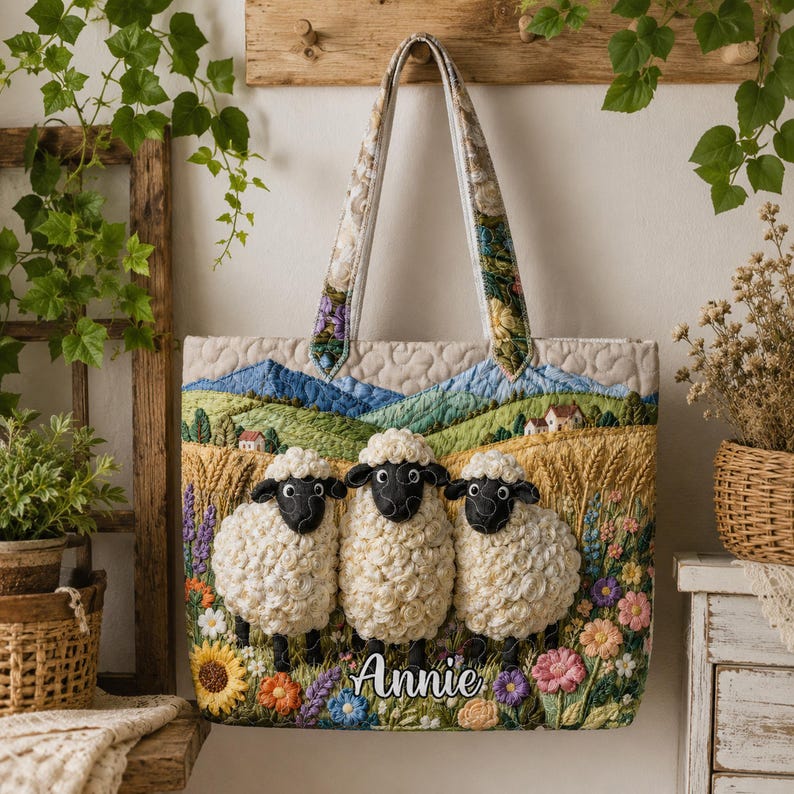 Custom Sheep Quilted Tote Bag, Personalized Farmhouse Lamb Handbag, Cute Floral Sheep Tote Gift for Sheep Lover