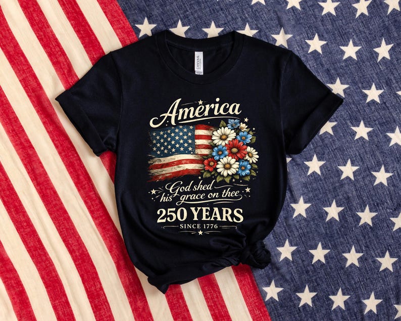 America 250 Years Flag Floral Graphic Tshirt, Celebrate 250th Anniversary Tee