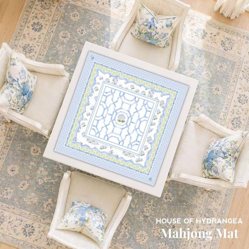 House of Hydrangea Mahjong Mat, Blue & White Mahjong Mat, Coastal Mahjong Table Mat, Grandmillennial Decor