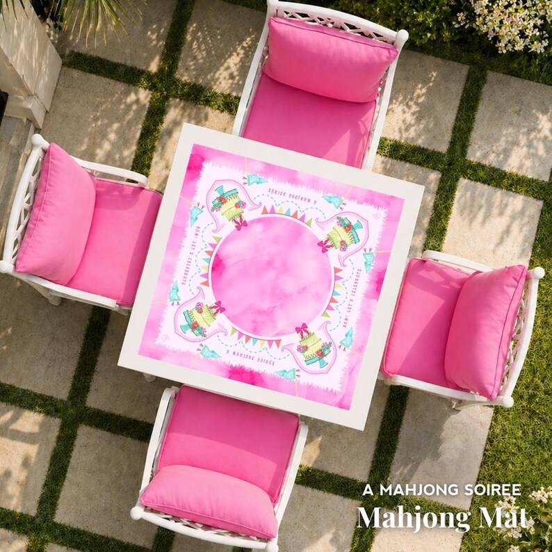 A Mahjong Soirée Mat, Pink Celebration Mahjong Mat, Birthday, Bridal Shower, Girls Night Mahjong Table Decor