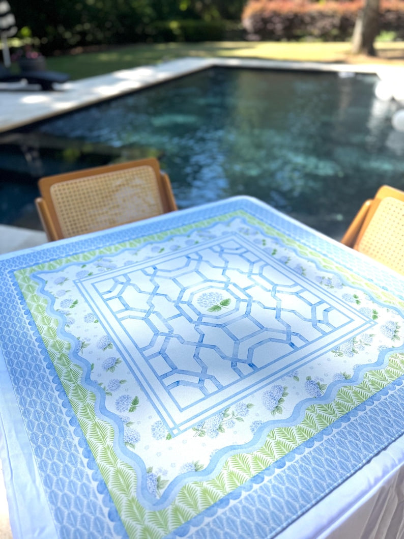 House of Hydrangea Mahjong Mat, Blue & White Mahjong Mat, Coastal Mahjong Table Mat, Grandmillennial Decor