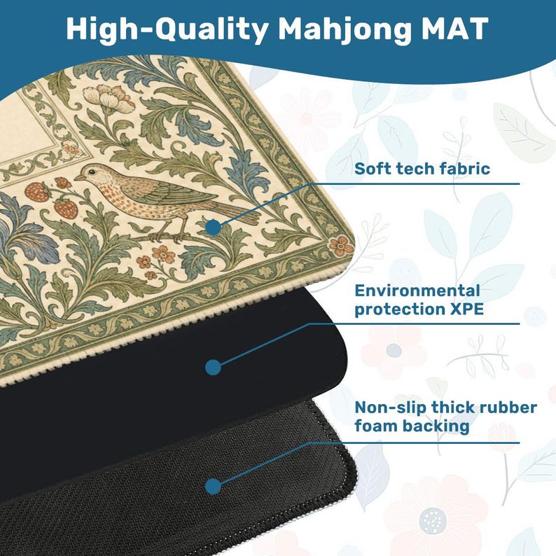 William Morris Inspired Mahjong Mat, Arts and Crafts Thrush & Strawberry Game Mat, Victorian Botanical Non Slip Mat