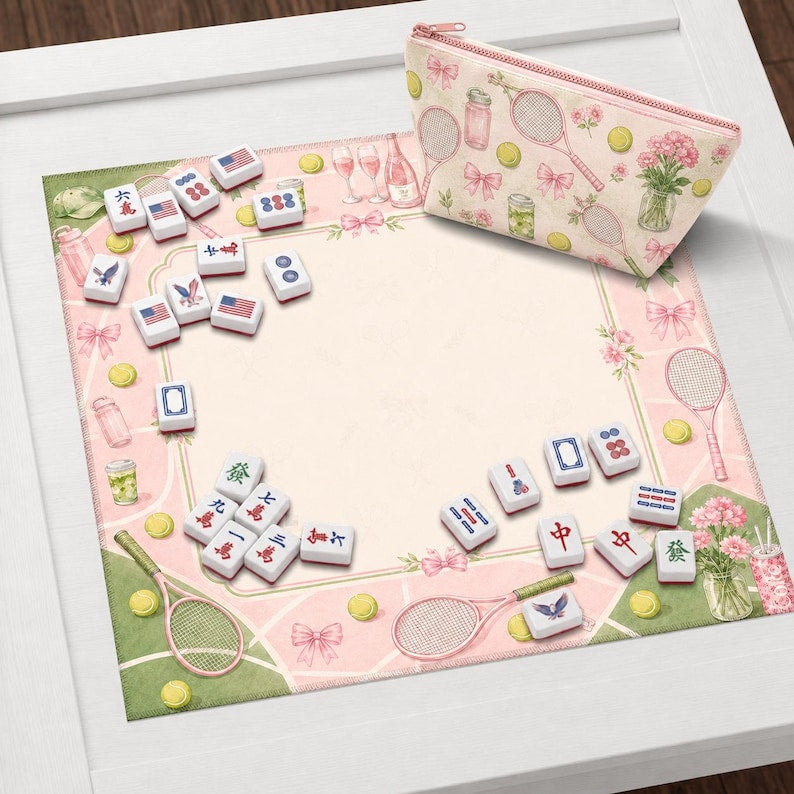 Coquette Tennis Mahjong Mat, Pink Bow Tennis Table Cover, Preppy Game Night Decor