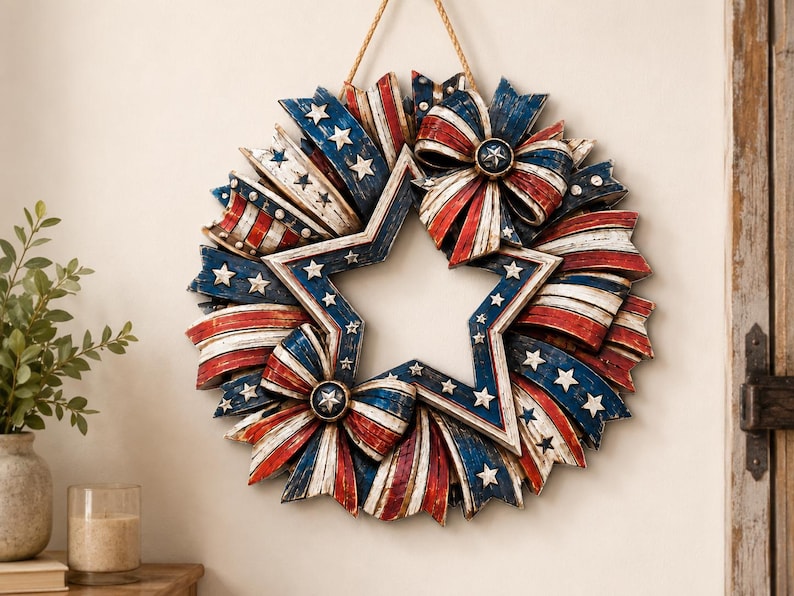 Patriotic Wood Sign, American Flag Star Door Wreath, Rustic 4th Of July Decor