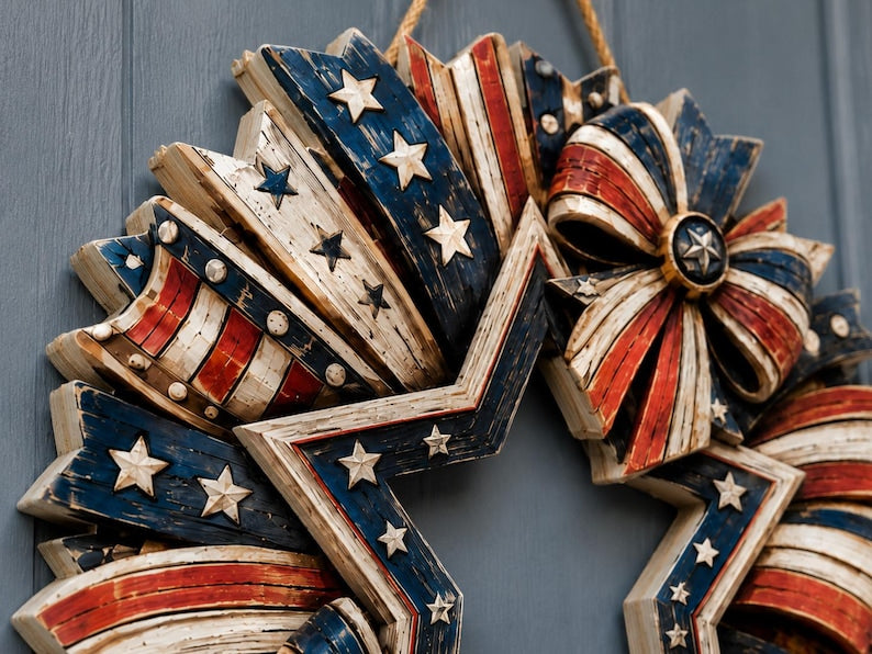 Patriotic Wood Sign, American Flag Star Door Wreath, Rustic 4th Of July Decor