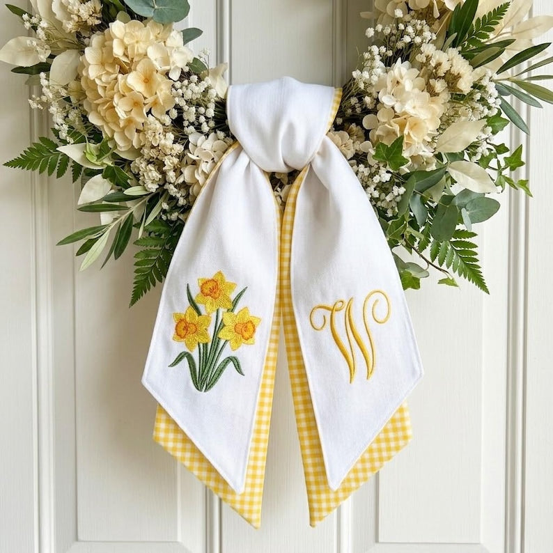 Custom Embroidered Daffodil Wreath Sash, Monogrammed Door Sash, Spring Gingham Front Door Bow