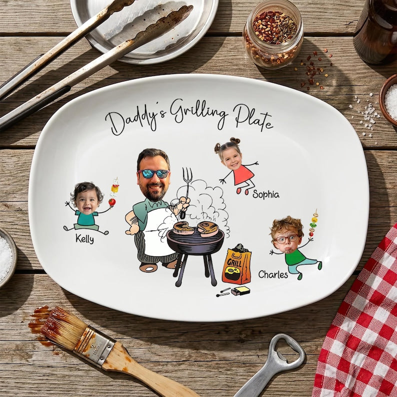 Personalized Grilling Platter with Kids Faces, Custom BBQ Grilling With Daddy Plate