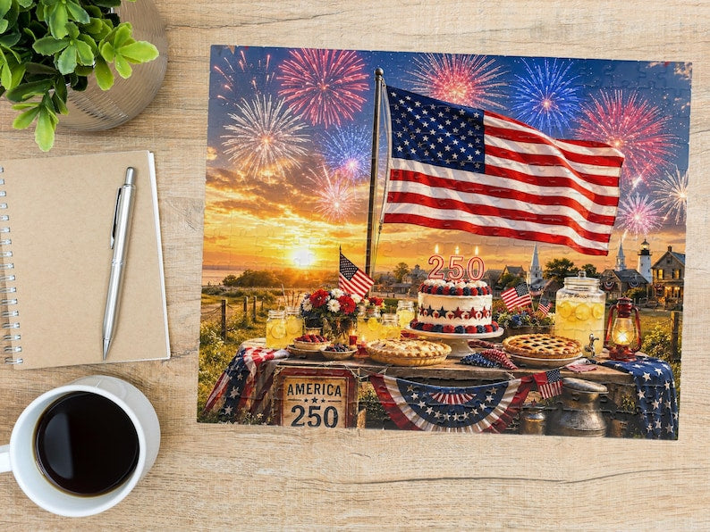 America 250th Anniversary Puzzle, Red White Blue Patriotic Summer Jigsaw, USA Flag Collectible