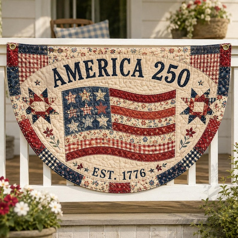 Faux Quilted Patchwork Style Fence Flag, Patriotic Americana Porch Print Bunting