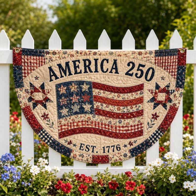 Faux Quilted Patchwork Style Fence Flag, Patriotic Americana Porch Print Bunting