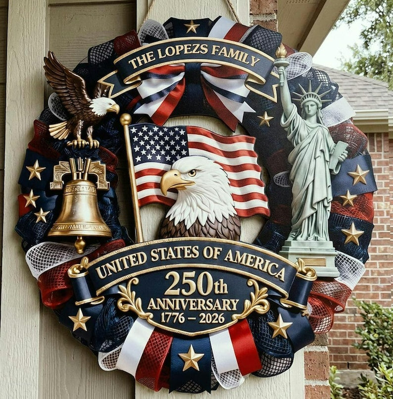 Personalized America 250th Anniversary Wood Wreath, 1776-2026 Semiquincentennial Family Name Sign