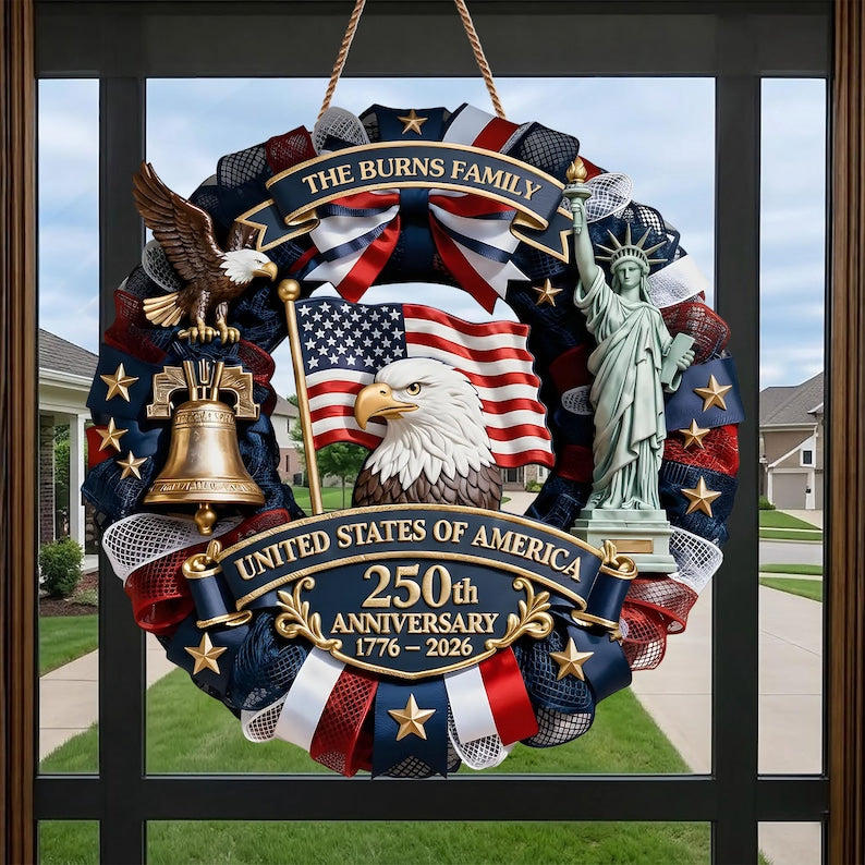 Personalized America 250th Anniversary Wood Wreath, 1776-2026 Semiquincentennial Family Name Sign