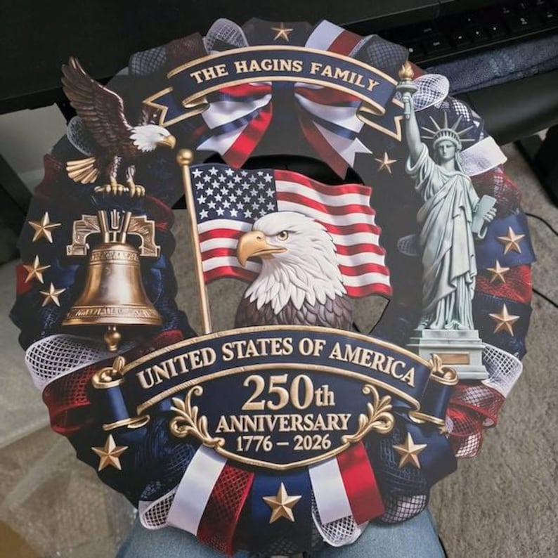 Personalized America 250th Anniversary Wood Wreath, 1776-2026 Semiquincentennial Family Name Sign