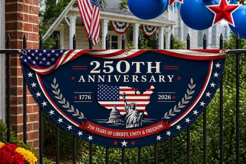 America 250th Anniversary Banner, Patriotic Porch Decor, Semicircle Bunting Flag
