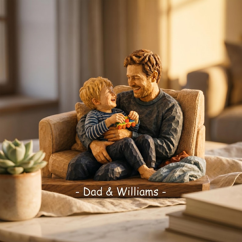 Personalized Family Portrait Wooden Sign, Dad and Kids Wood Block, Father’s Day Gift for Dad Grandpa