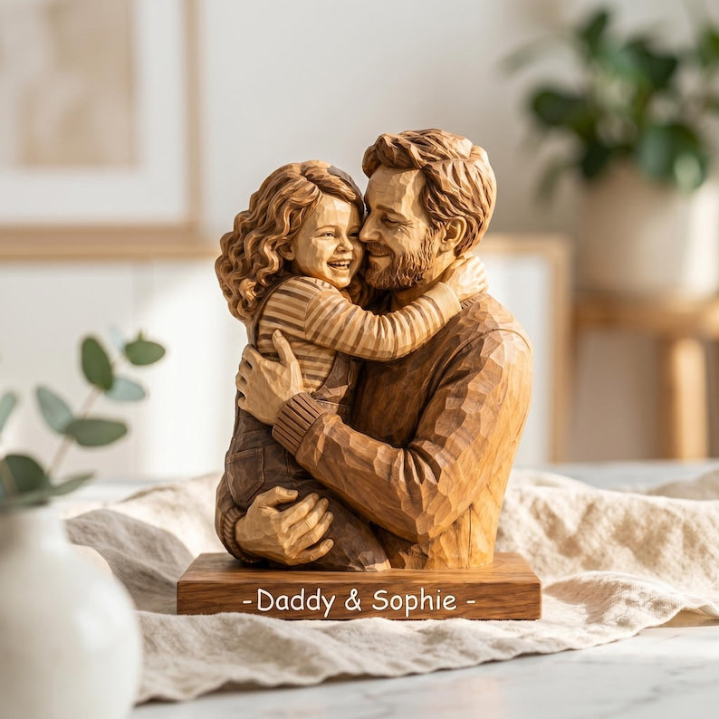 Personalized Family Portrait Wooden Sign, Dad and Kids Wood Block, Father’s Day Gift for Dad Grandpa