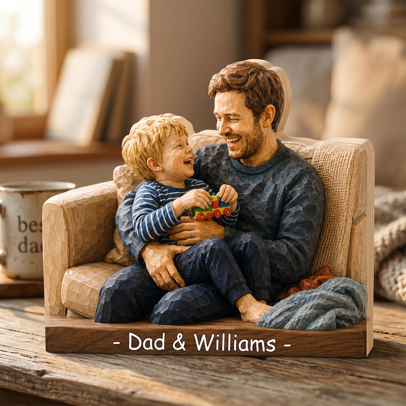 Personalized Family Portrait Wooden Sign, Dad and Kids Wood Block, Father’s Day Gift for Dad Grandpa
