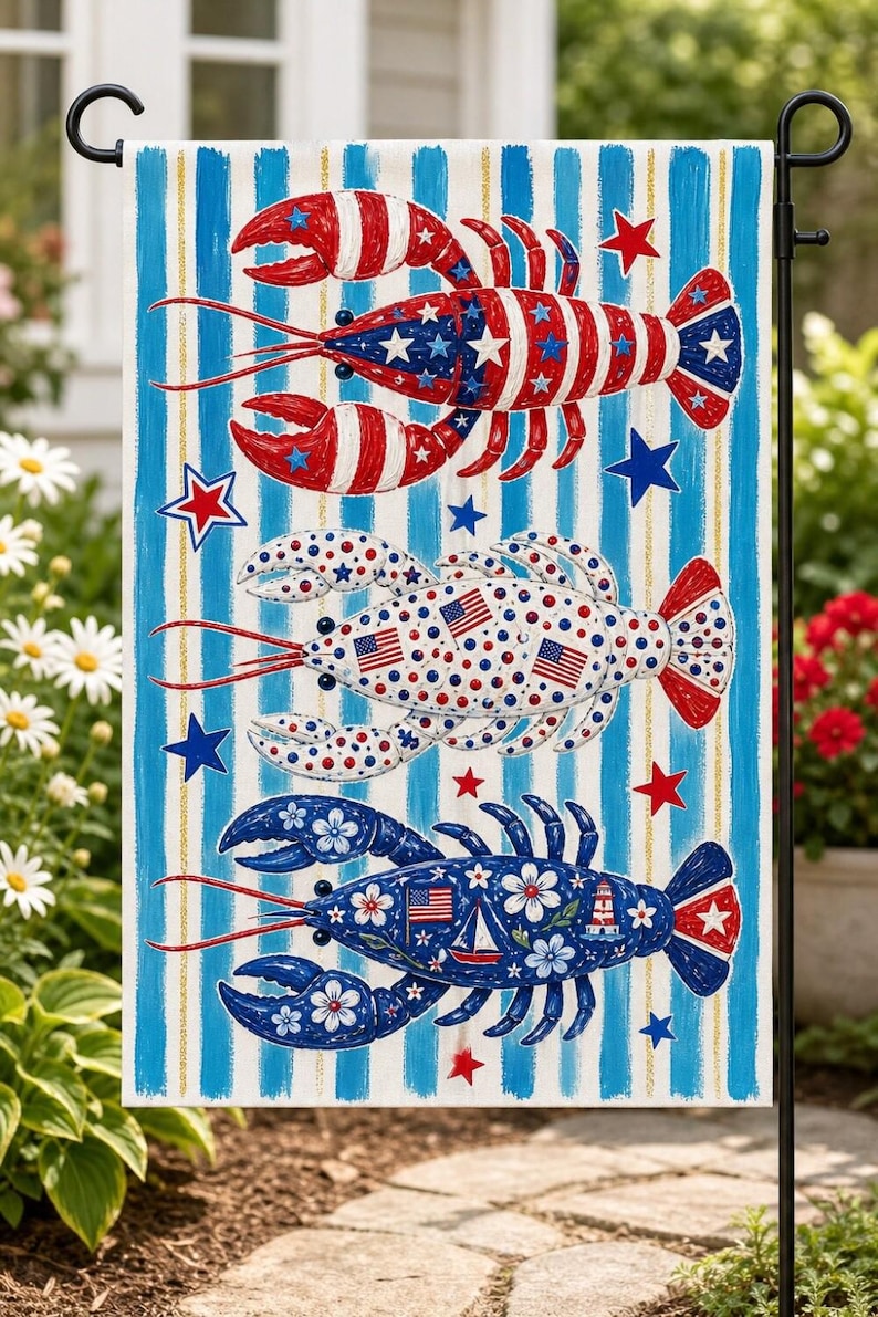 Patriotic Lobster 250th Anniversary Flag, Coastal Summer USA Garden Flag