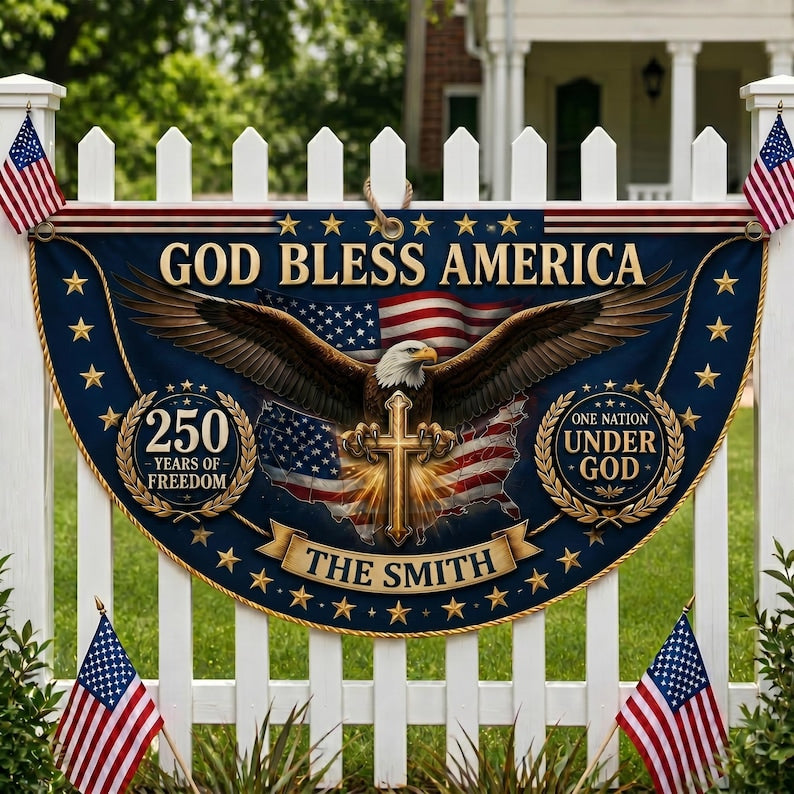 God Bless America 250th Anniversary Patriotic Bunting Flag, Christian Eagle Cross Decor
