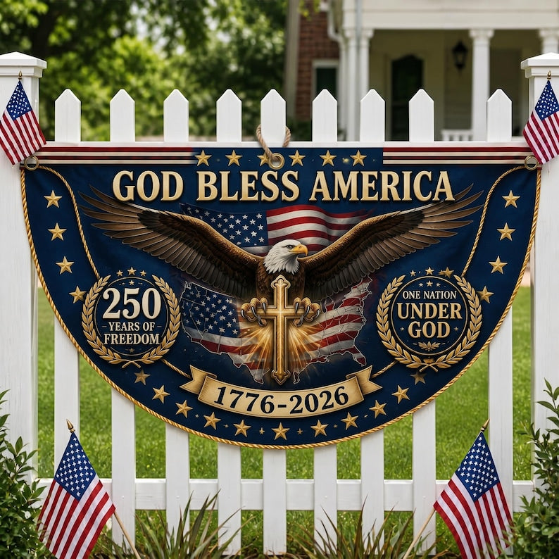 God Bless America 250th Anniversary Patriotic Bunting Flag, Christian Eagle Cross Decor