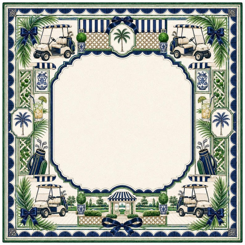 Golf Mahjong Mat, Country Club Cart Palm Tree Navy Blue Stripe Bow Game Night Gift, Non Slip Table Cover