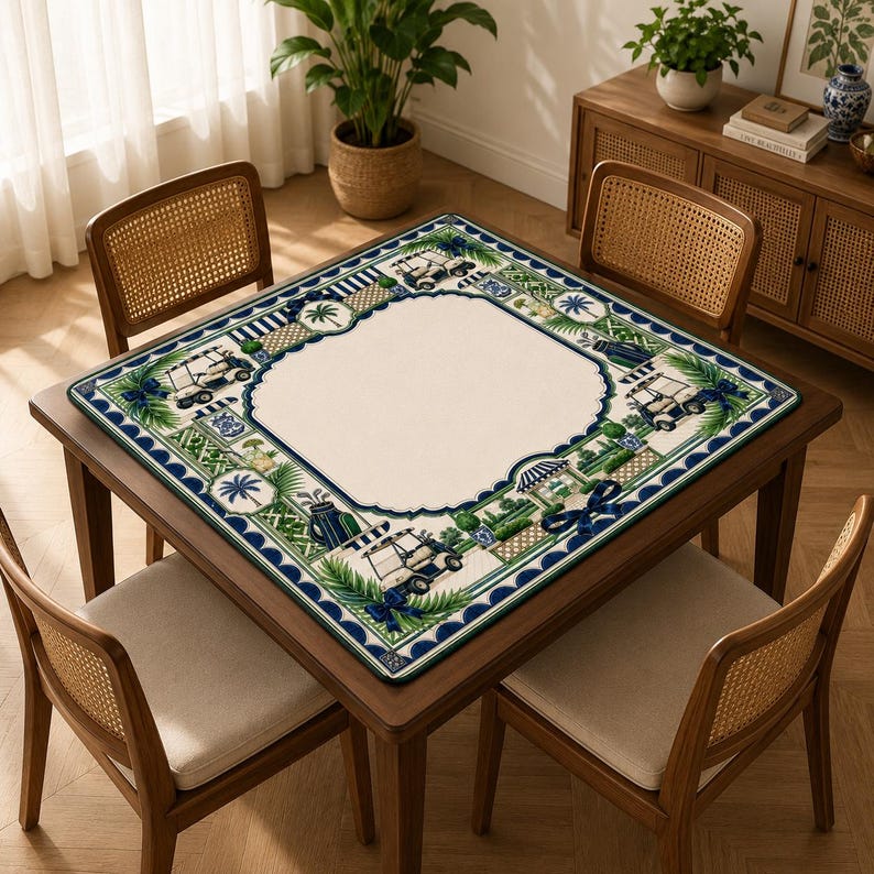 Golf Mahjong Mat, Country Club Cart Palm Tree Navy Blue Stripe Bow Game Night Gift, Non Slip Table Cover