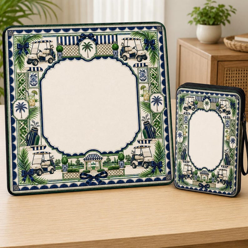 Golf Mahjong Mat, Country Club Cart Palm Tree Navy Blue Stripe Bow Game Night Gift, Non Slip Table Cover