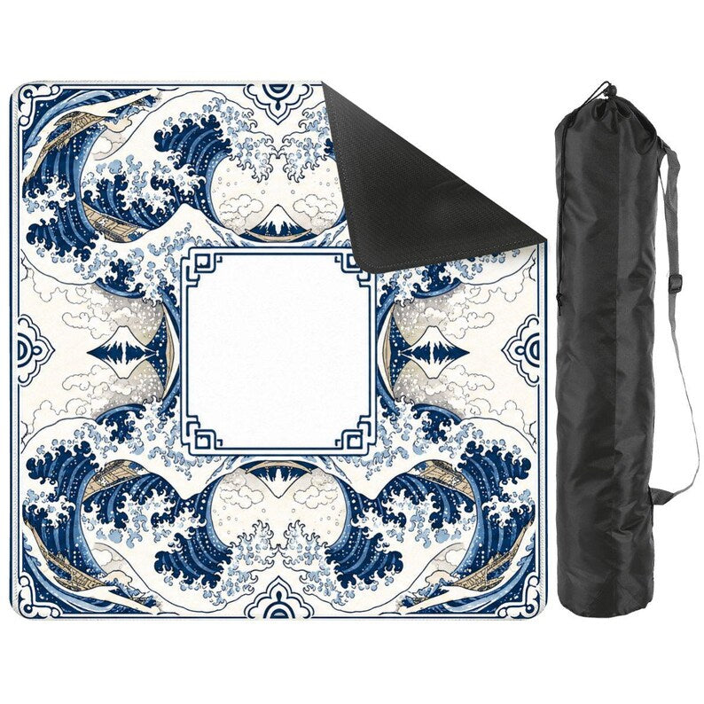 Wave Mahjong Mat, Hokusai Inspired Japanese Art with Mt Fuji & Indigo Waves, Edo Ukiyo-e Non Slip