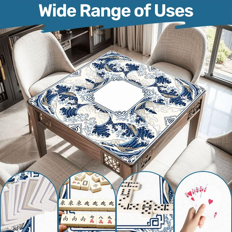 Wave Mahjong Mat, Hokusai Inspired Japanese Art with Mt Fuji & Indigo Waves, Edo Ukiyo-e Non Slip