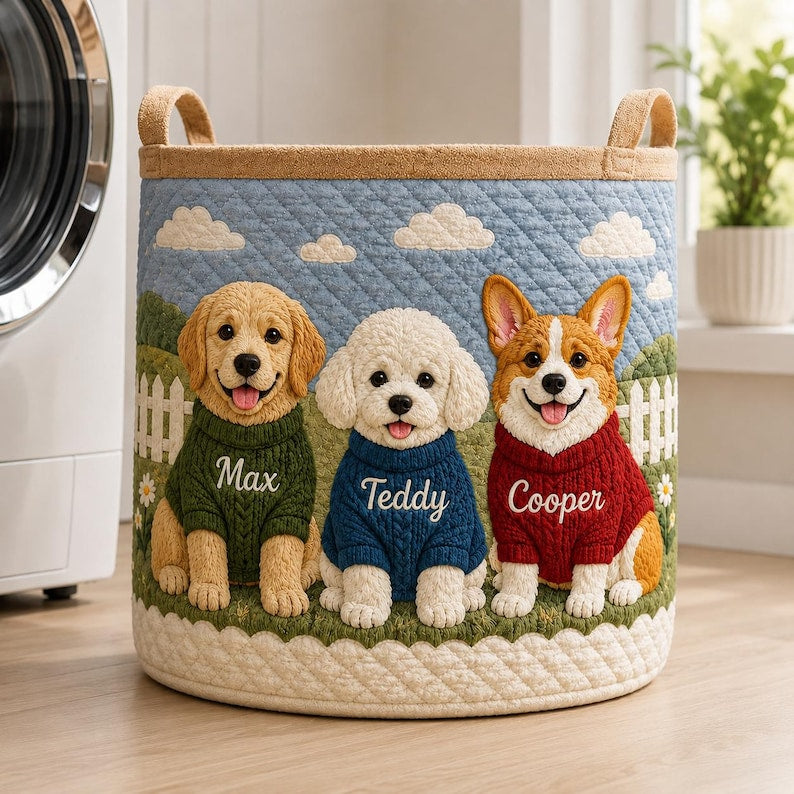 Custom Dog Quilted Laundry Basket, Personalized Pet Storage Bin, Dog Lover Gift, Laundry Hamper