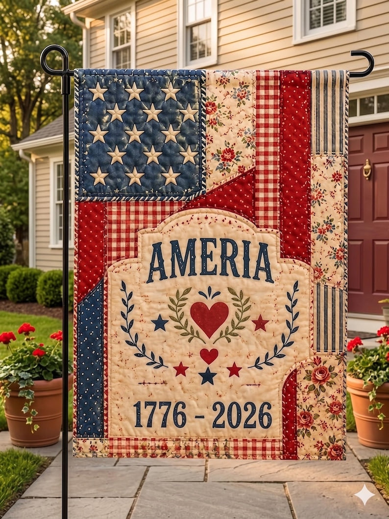 Vintage Faux Patchwork Patriotic Garden Flag 1776-2026, Americana Faux Quilted Style