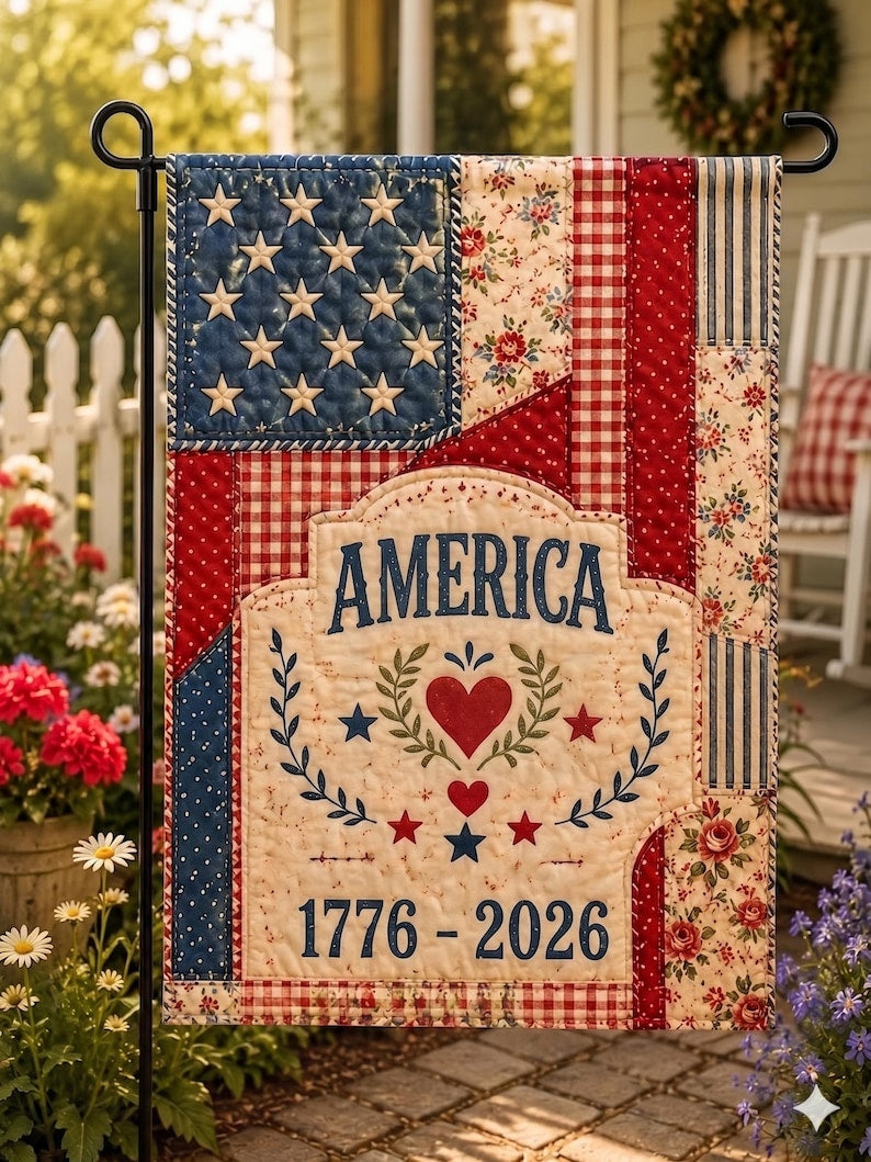 Vintage Faux Patchwork Patriotic Garden Flag 1776-2026, Americana Faux Quilted Style