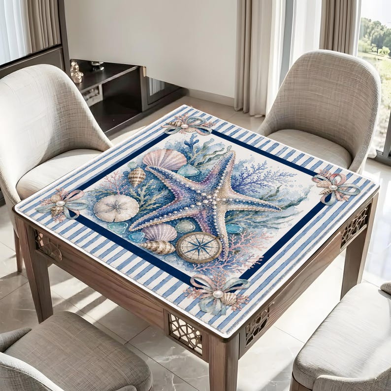 Starfish Seashell Mahjong Mat, Beach Design Game Mat for Ocean Lovers
