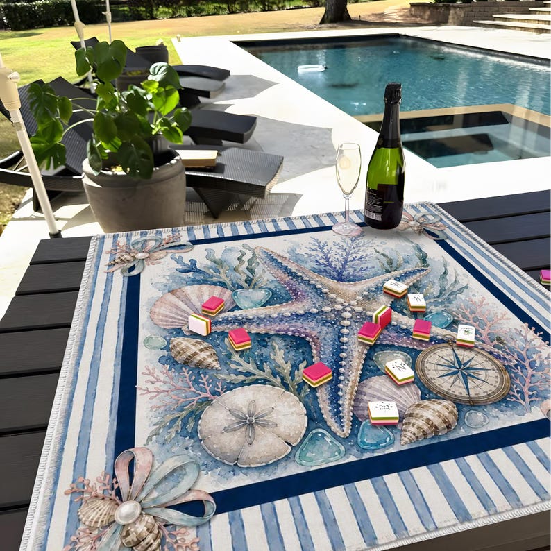Starfish Seashell Mahjong Mat, Beach Design Game Mat for Ocean Lovers