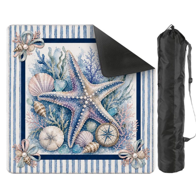 Starfish Seashell Mahjong Mat, Beach Design Game Mat for Ocean Lovers