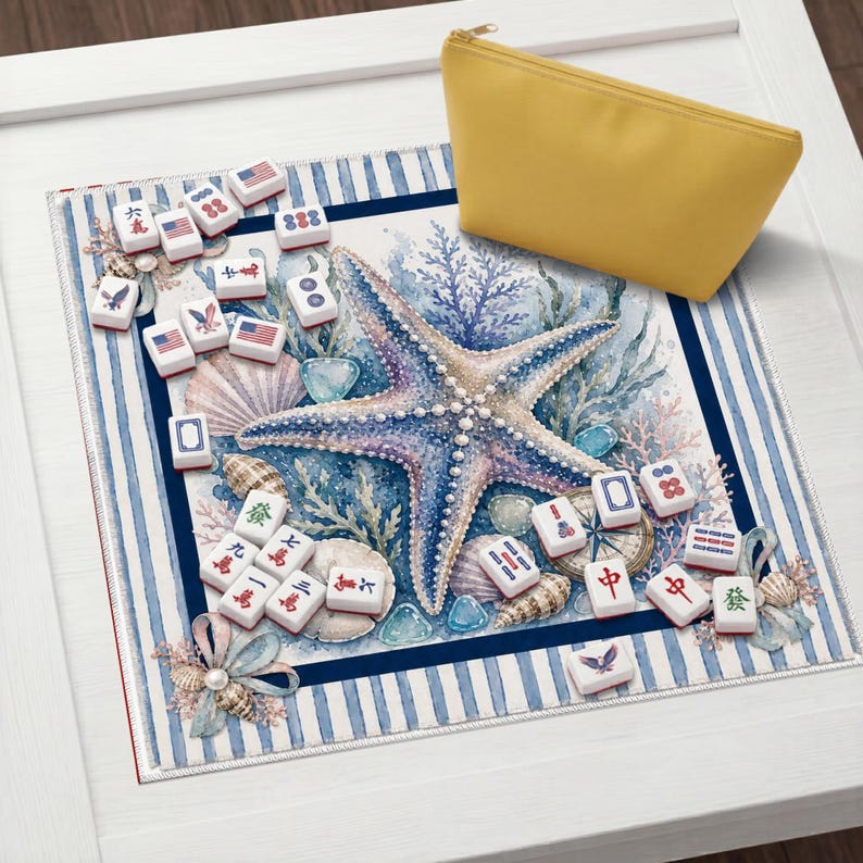 Starfish Seashell Mahjong Mat, Beach Design Game Mat for Ocean Lovers