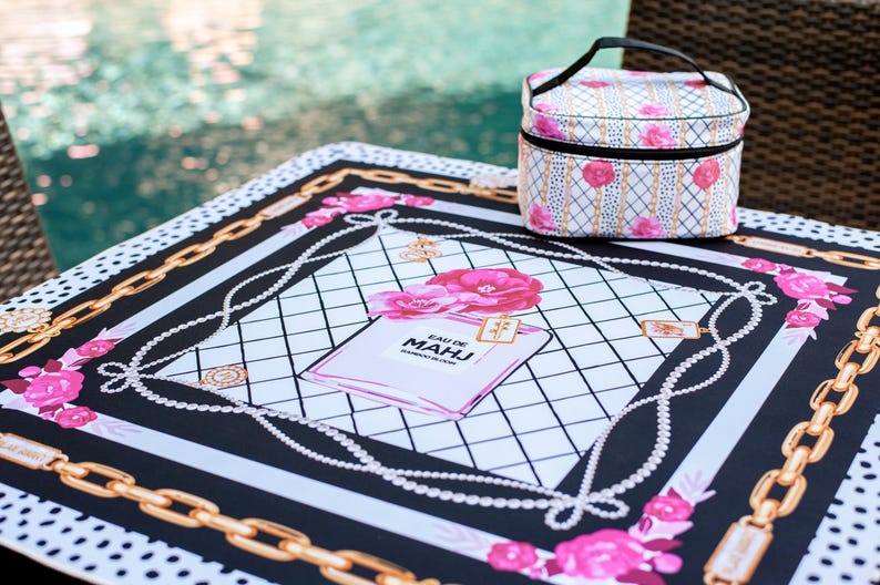 Eau de Mahj Mahjong Mat, Pink Floral B&W Mahjong Mat, Perfume Style Icon, Luxury Fashionista, Blossoms