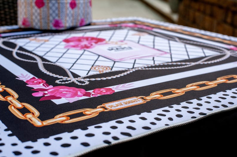 Eau de Mahj Mahjong Mat, Pink Floral B&W Mahjong Mat, Perfume Style Icon, Luxury Fashionista, Blossoms