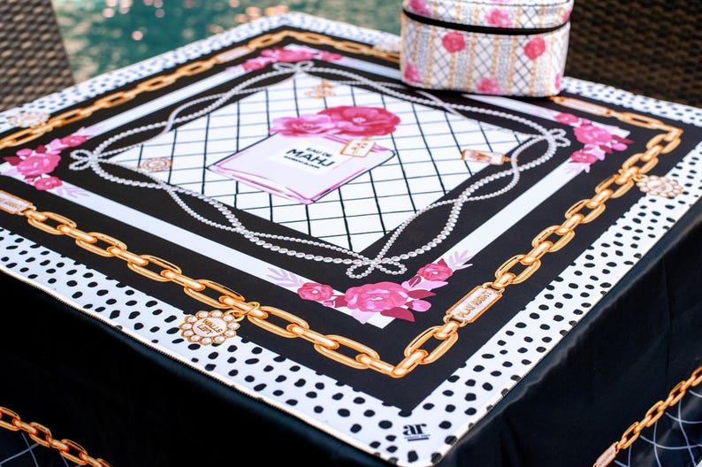 Eau de Mahj Mahjong Mat, Pink Floral B&W Mahjong Mat, Perfume Style Icon, Luxury Fashionista, Blossoms